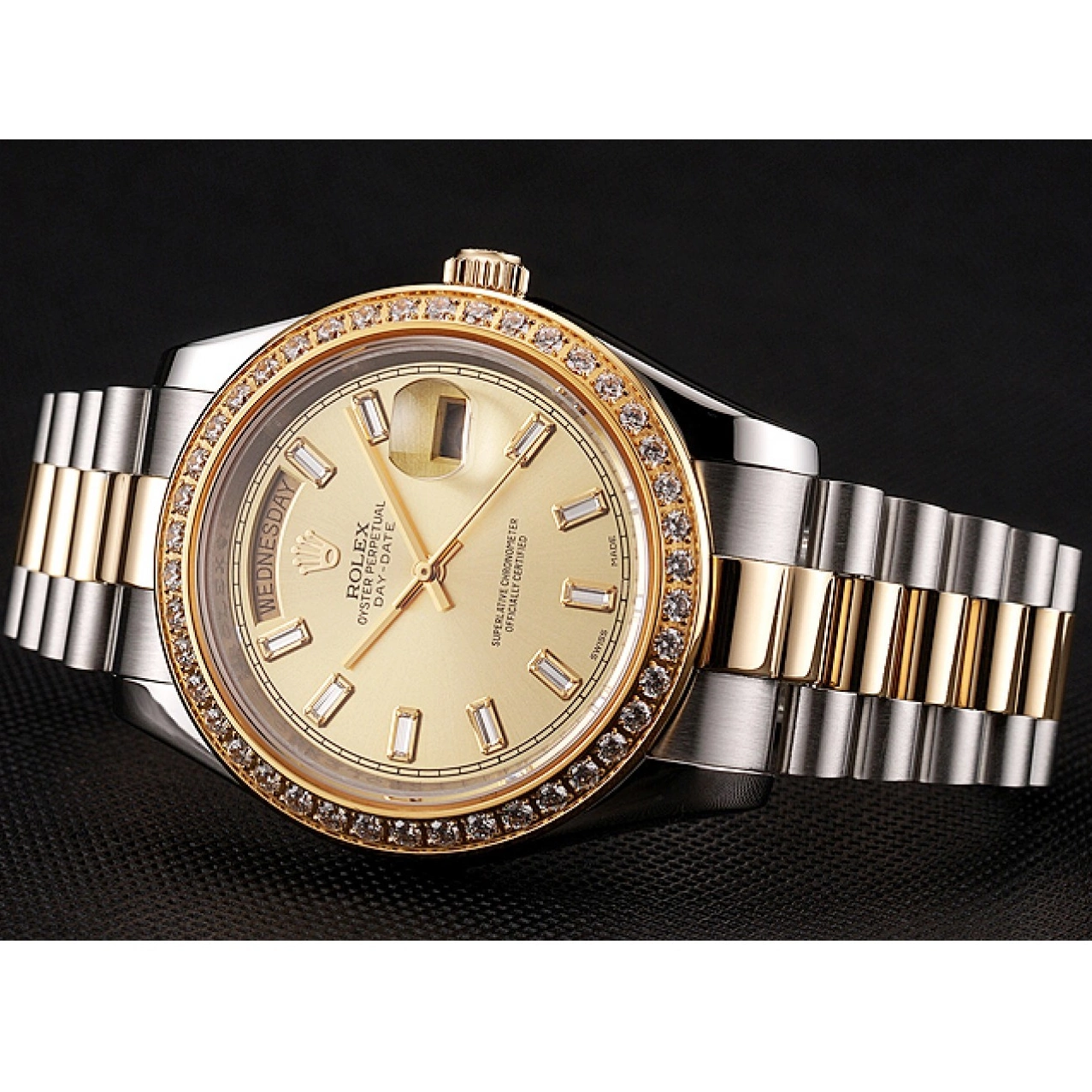 AAA replica watch Swiss Bezel Day-Date Tone Rolex 1454103 Dial Bracelet Two Diamond Champagne 0707
